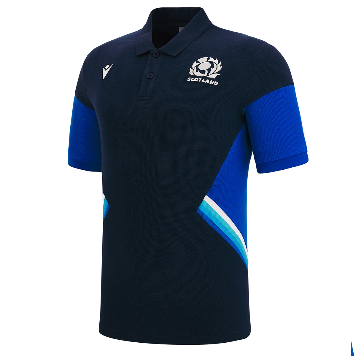 Scotland Mens Travel Polycotton Polo - Navy 2023 - Front Scotland Mens Travel Polycotton Polo - Navy 2023 - Front