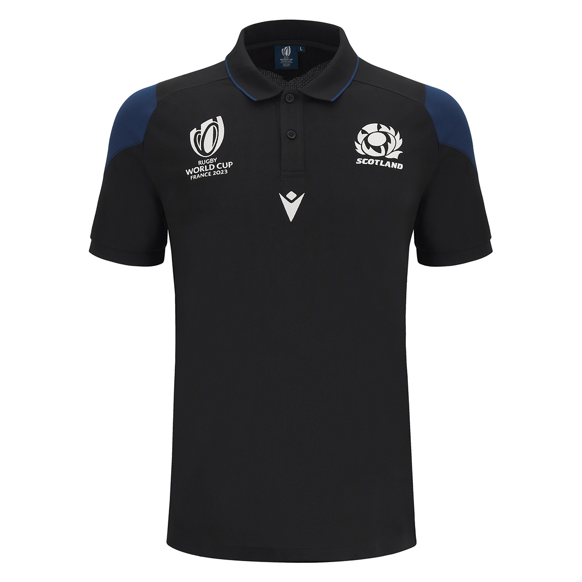 Scotland Mens Rugby World Cup 2023 Travel Polo - Black - Front Scotland Mens Rugby World Cup 2023 Travel Polo - Black - Front
