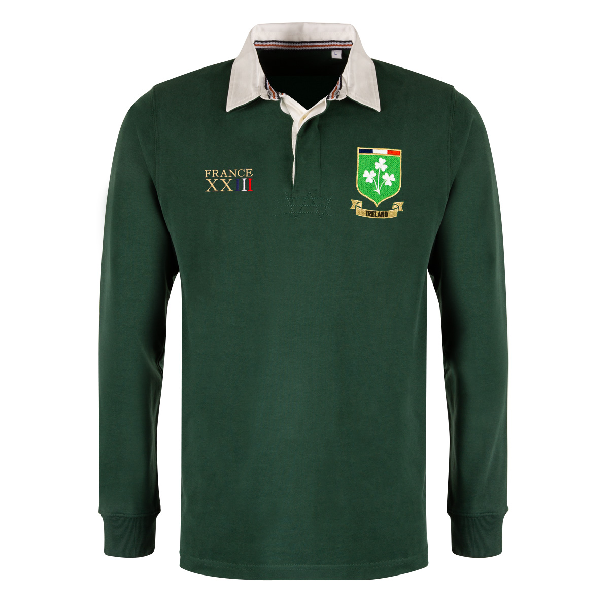 Ireland Mens World Cup Heavyweight Rugby Shirt - Bottle - Front Ireland Mens World Cup Heavyweight Rugby Shirt - Bottle - Front