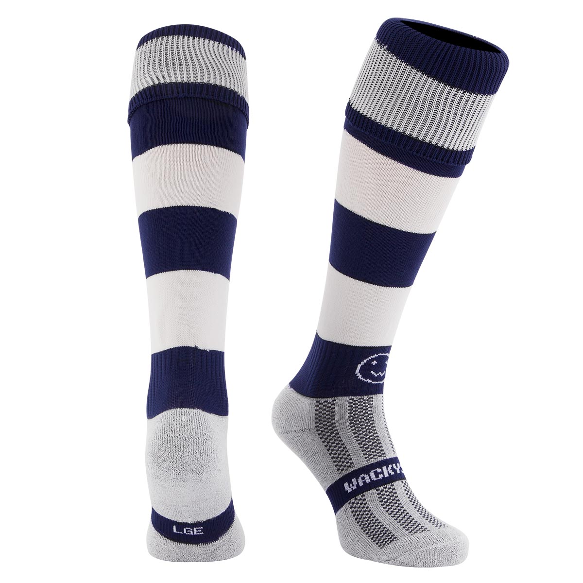 Navy/White Hooped WackySox Kids - Front Navy/White Hooped WackySox Kids - Front