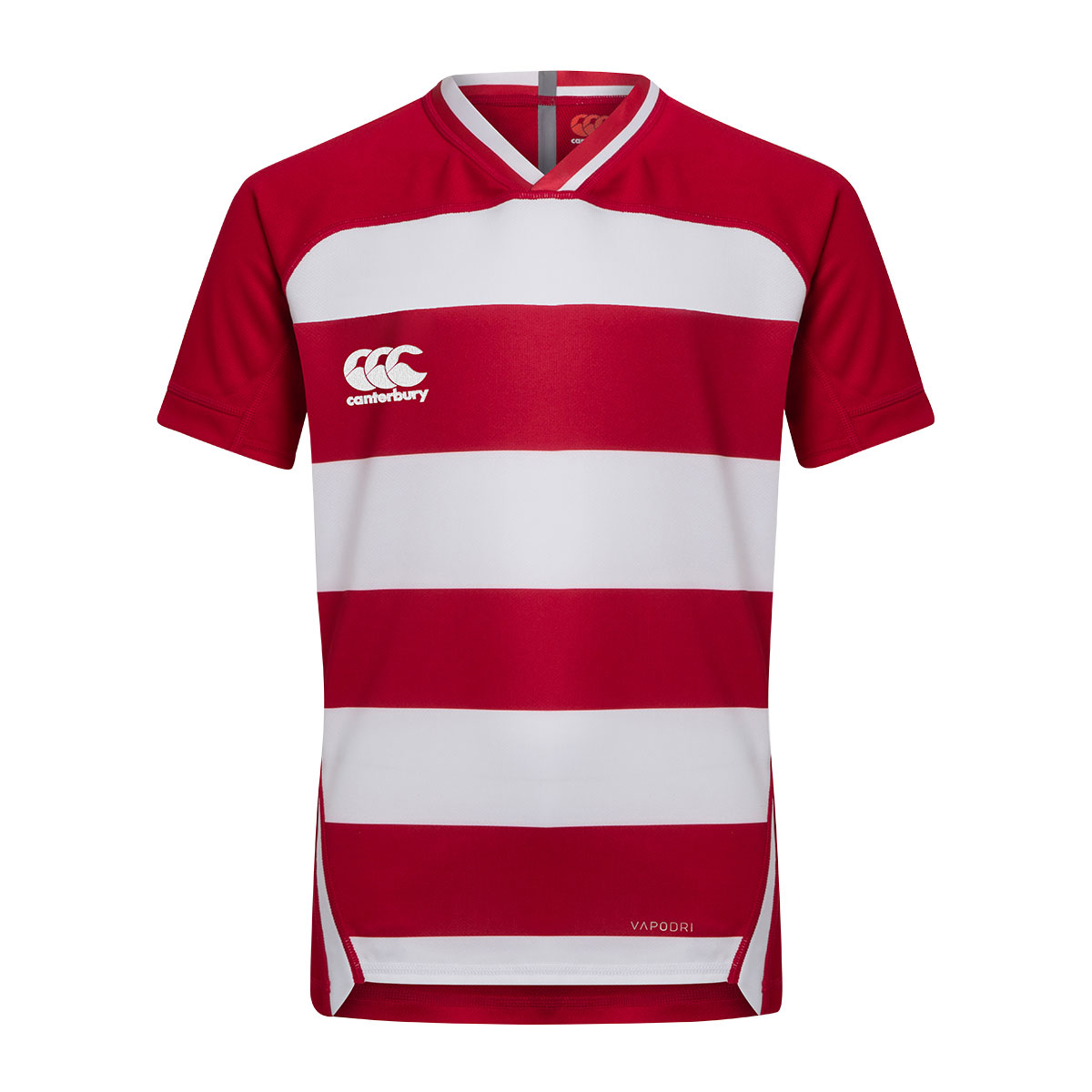 Canterbury Teamwear Hooped Evader Rugby Shirt Red/White - Front Canterbury Teamwear Hooped Evader Rugby Shirt Red/White - Front