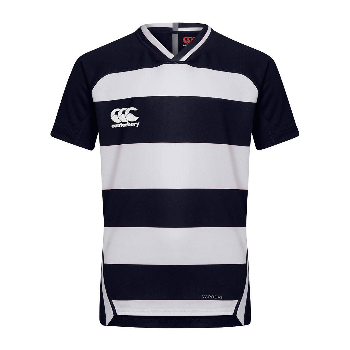 Canterbury Teamwear Hooped Evader Rugby Shirt Navy/White - Front Canterbury Teamwear Hooped Evader Rugby Shirt Navy/White - Front