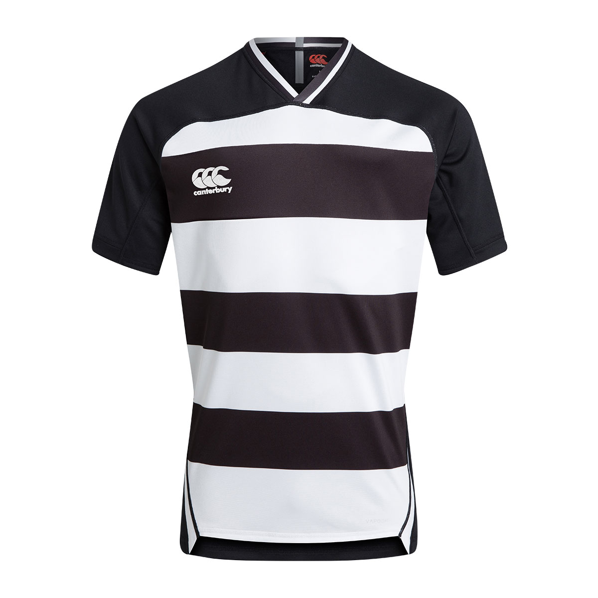 Canterbury Teamwear Hooped Evader Rugby Shirt Black/White - Fron Canterbury Teamwear Hooped Evader Rugby Shirt Black/White - Fron