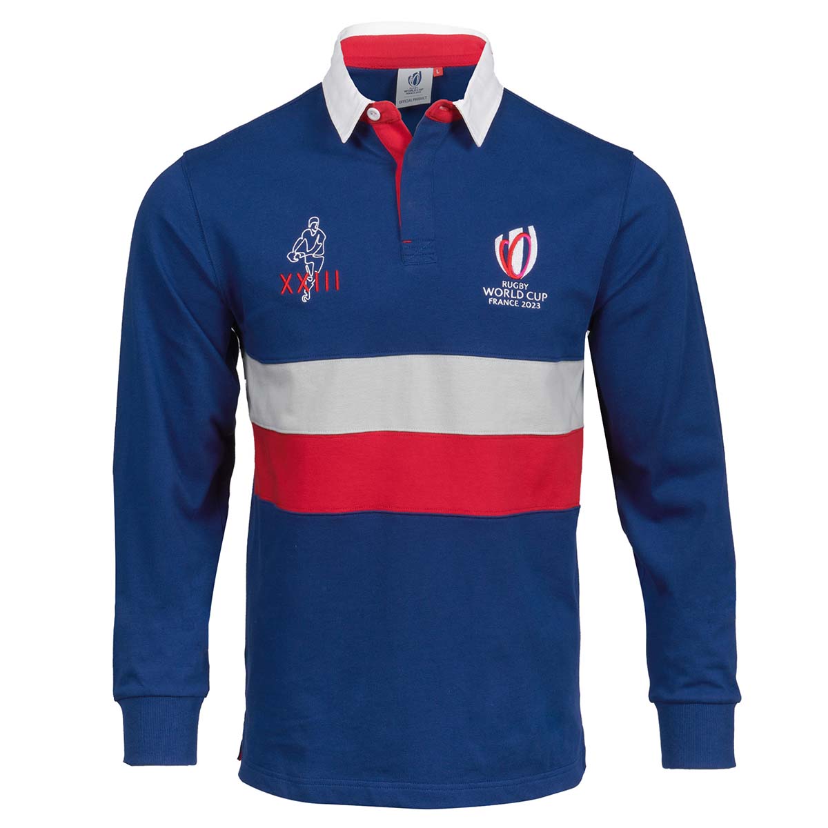 Mens Rugby World Cup 2023 Stripe Rugby Shirt - Navy Long Sleeve  Mens Rugby World Cup 2023 Stripe Rugby Shirt - Navy Long Sleeve