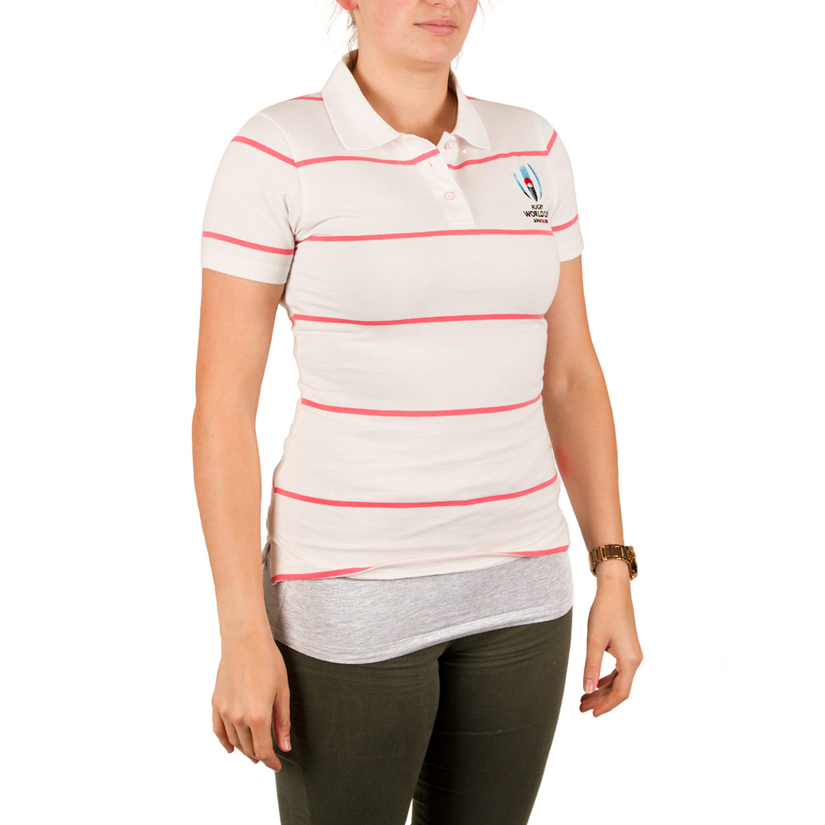 Rugby World Cup 2019 Womens Jersey Stripe Polo White - Model Rugby World Cup 2019 Womens Jersey Stripe Polo White - Model