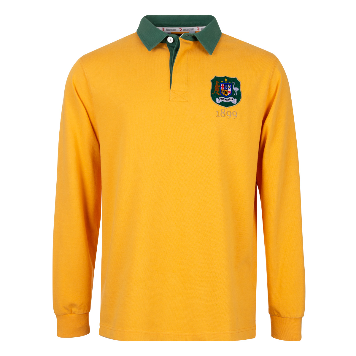 Australia Mens 1899 Origins Crest Rugby Shirt Long Sleeve Gold - Front Australia Mens 1899 Origins Crest Rugby Shirt Long Sleeve Gold - Front