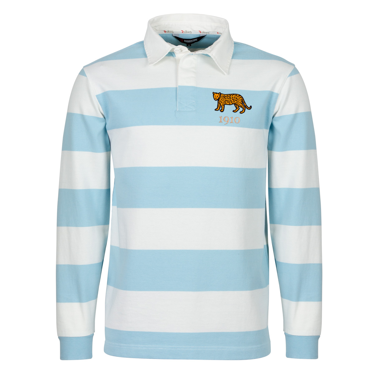 Argentina Mens 1910 Origins Striped Rugby Shirt Long Sleeve Sky White - Front Argentina Mens 1910 Origins Striped Rugby Shirt Long Sleeve Sky White - Front