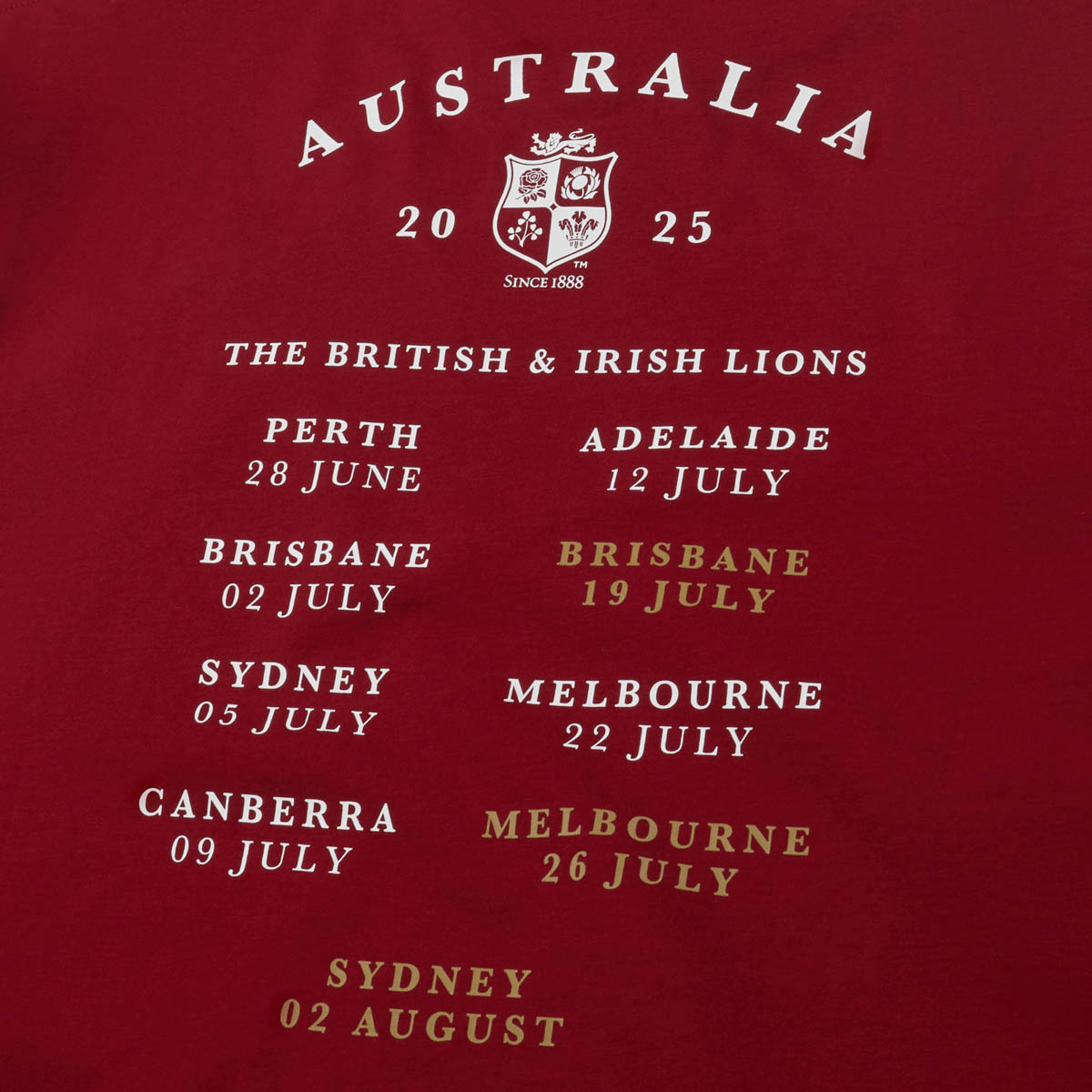 British & Irish Lions Mens Tour'25 T-Shirt Red - Tour Fixtures British & Irish Lions Mens Tour'25 T-Shirt Red - Tour Fixtures